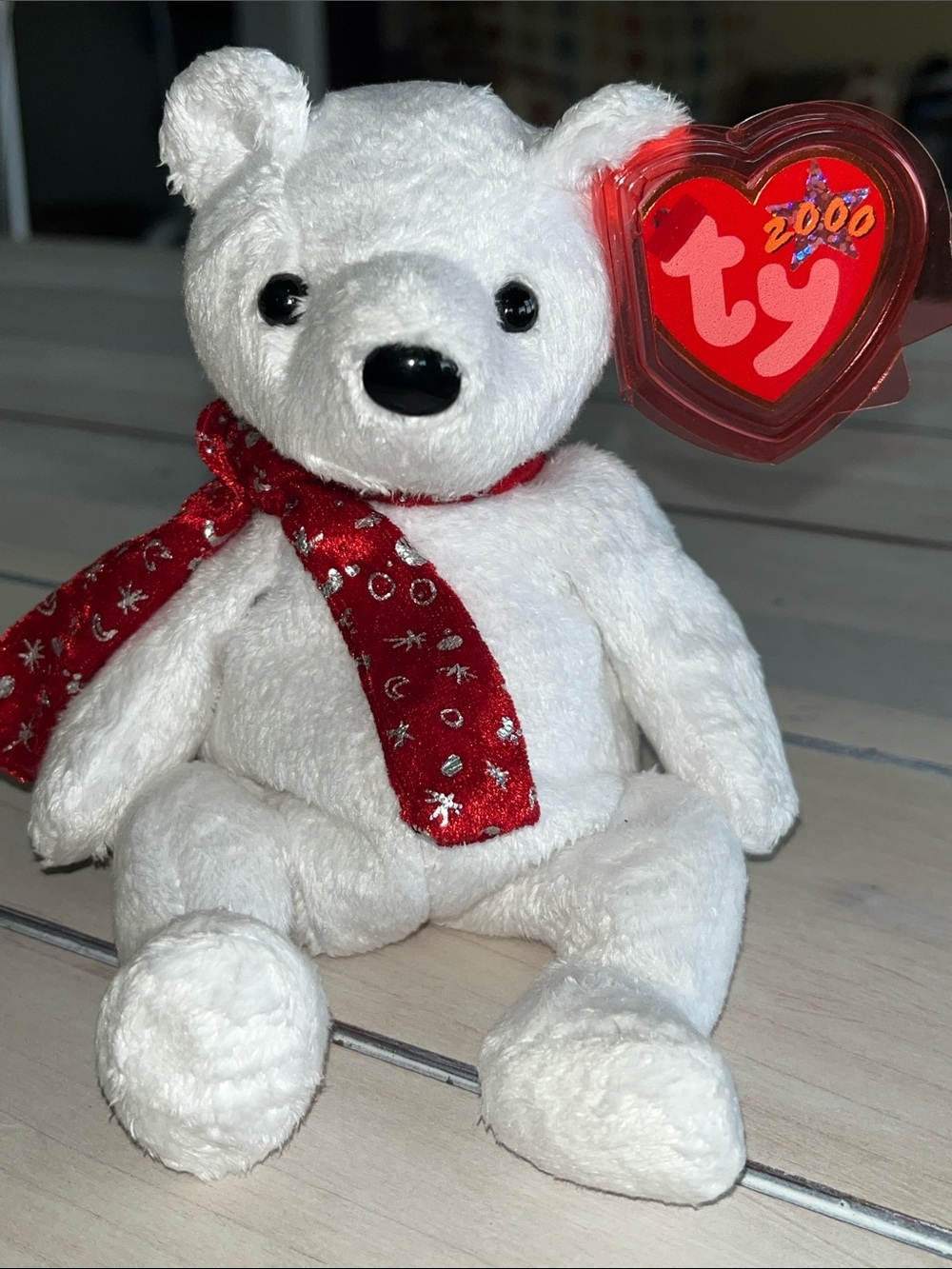 Ty 2000 Holiday Teddy Beanie Baby -White Plush Bear with Red Star-Pattern Scarf